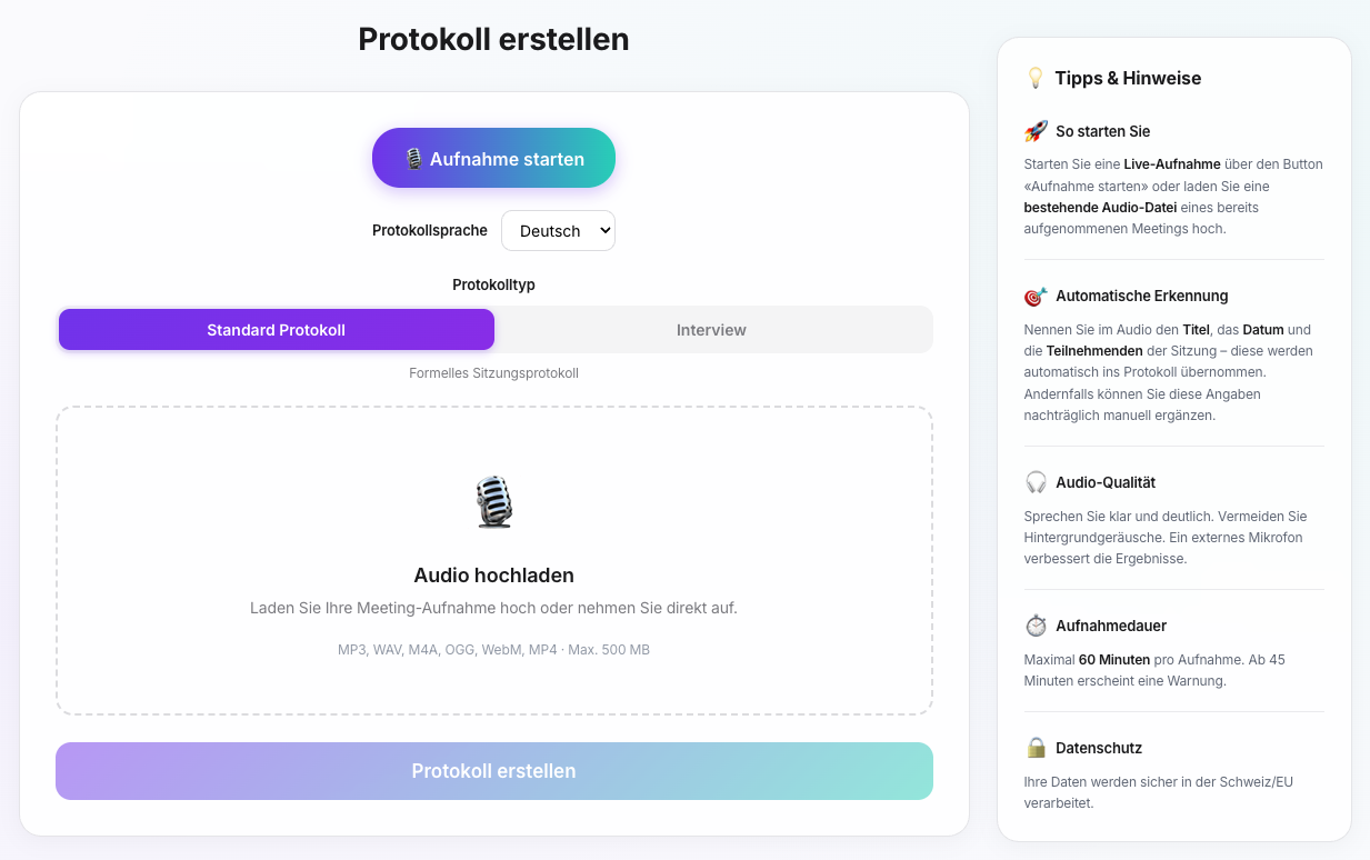 MINU-AI \u2013 Benutzeroberfläche